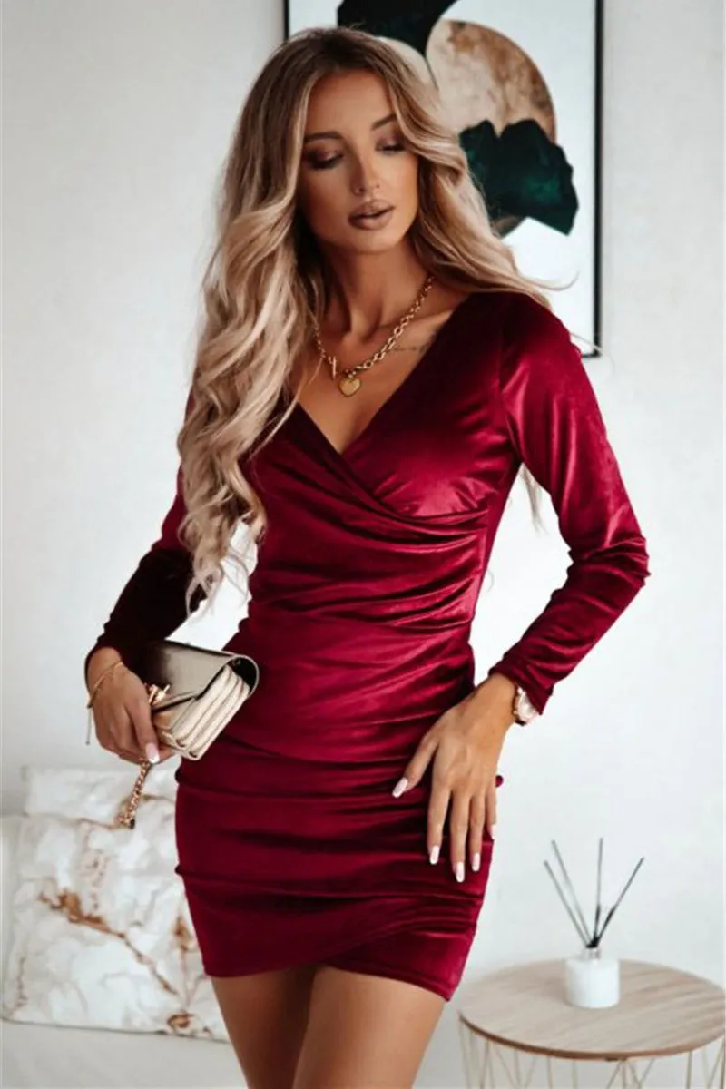 DressBetty - Elegant Gold Velvet Mini Dress Sexy Hip Dresses Solid Long Sleeve Party Dress