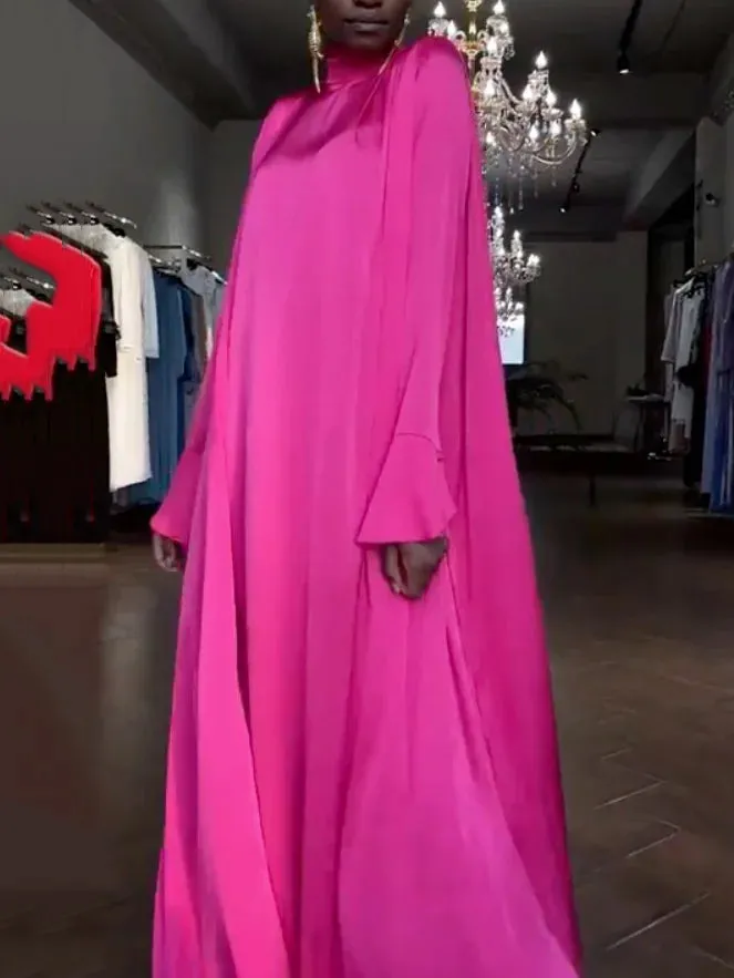 Flared Sleeves Long Sleeves Solid Color High-Neck Maxi Dresses  125662