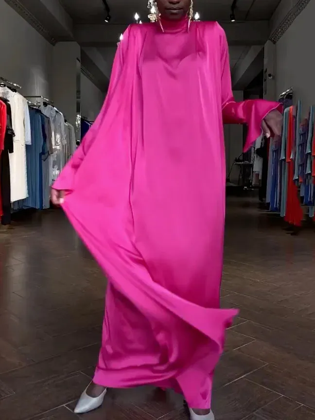 Flared Sleeves Long Sleeves Solid Color High-Neck Maxi Dresses  125662
