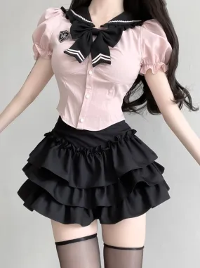 Girl Puff Flared Skirt Ribbon Top Ruffle Slim Sweet Sleeve