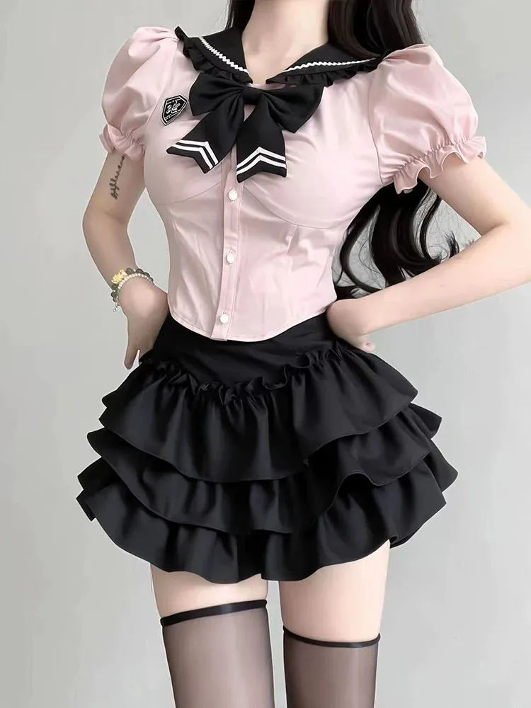 Girl Puff Flared Skirt Ribbon Top Ruffle Slim Sweet Sleeve