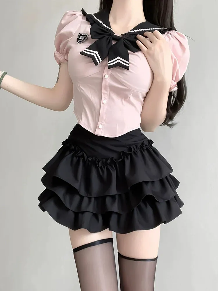 Girl Puff Flared Skirt Ribbon Top Ruffle Slim Sweet Sleeve