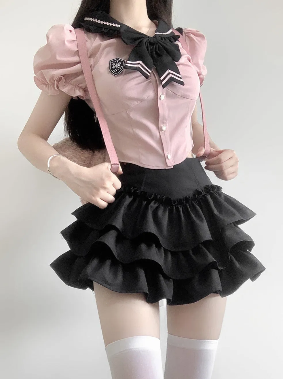 Girl Puff Flared Skirt Ribbon Top Ruffle Slim Sweet Sleeve