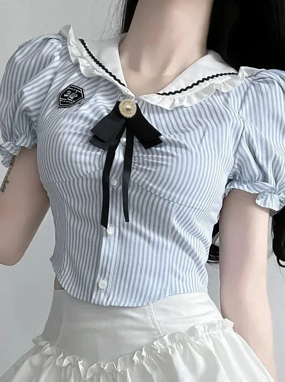 Girl Puff Flared Skirt Ribbon Top Ruffle Slim Sweet Sleeve
