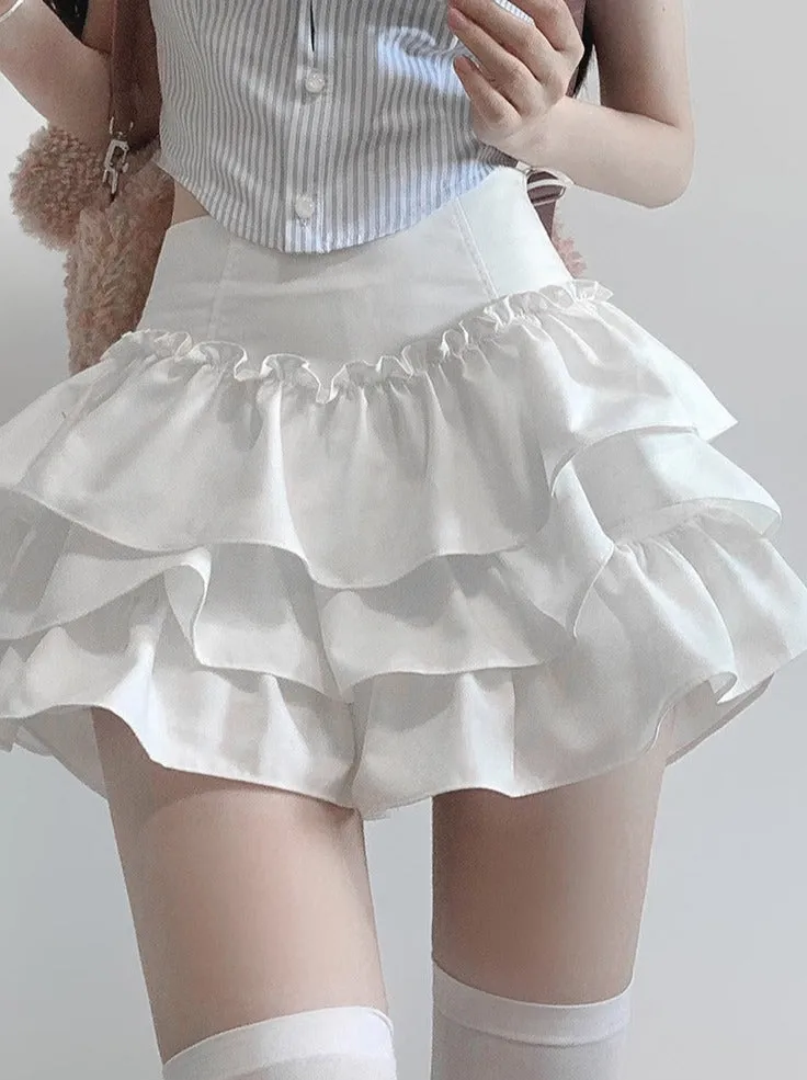 Girl Puff Flared Skirt Ribbon Top Ruffle Slim Sweet Sleeve