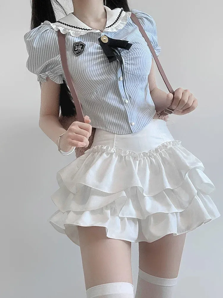 Girl Puff Flared Skirt Ribbon Top Ruffle Slim Sweet Sleeve