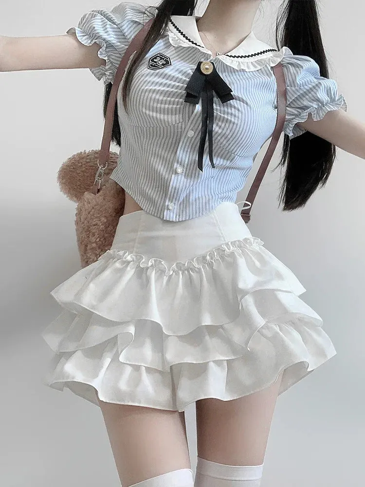 Girl Puff Flared Skirt Ribbon Top Ruffle Slim Sweet Sleeve