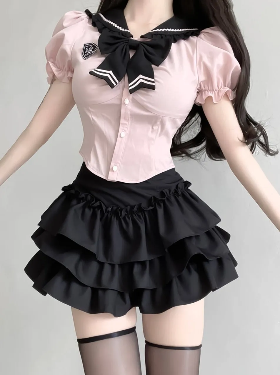Girl Puff Flared Skirt Ribbon Top Ruffle Slim Sweet Sleeve