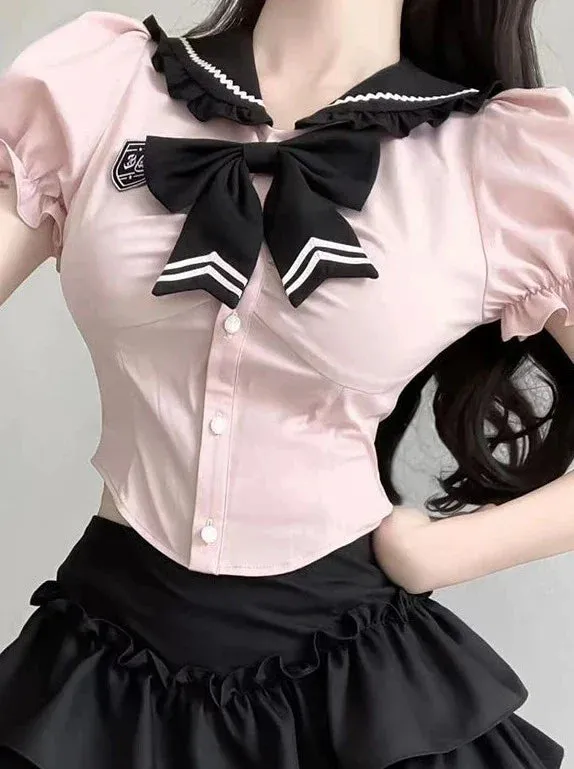 Girl Puff Flared Skirt Ribbon Top Ruffle Slim Sweet Sleeve