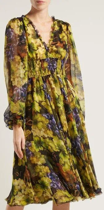 Grape-Print Silk Chiffon Midi Dress