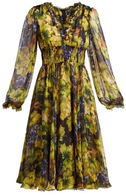 Grape-Print Silk Chiffon Midi Dress