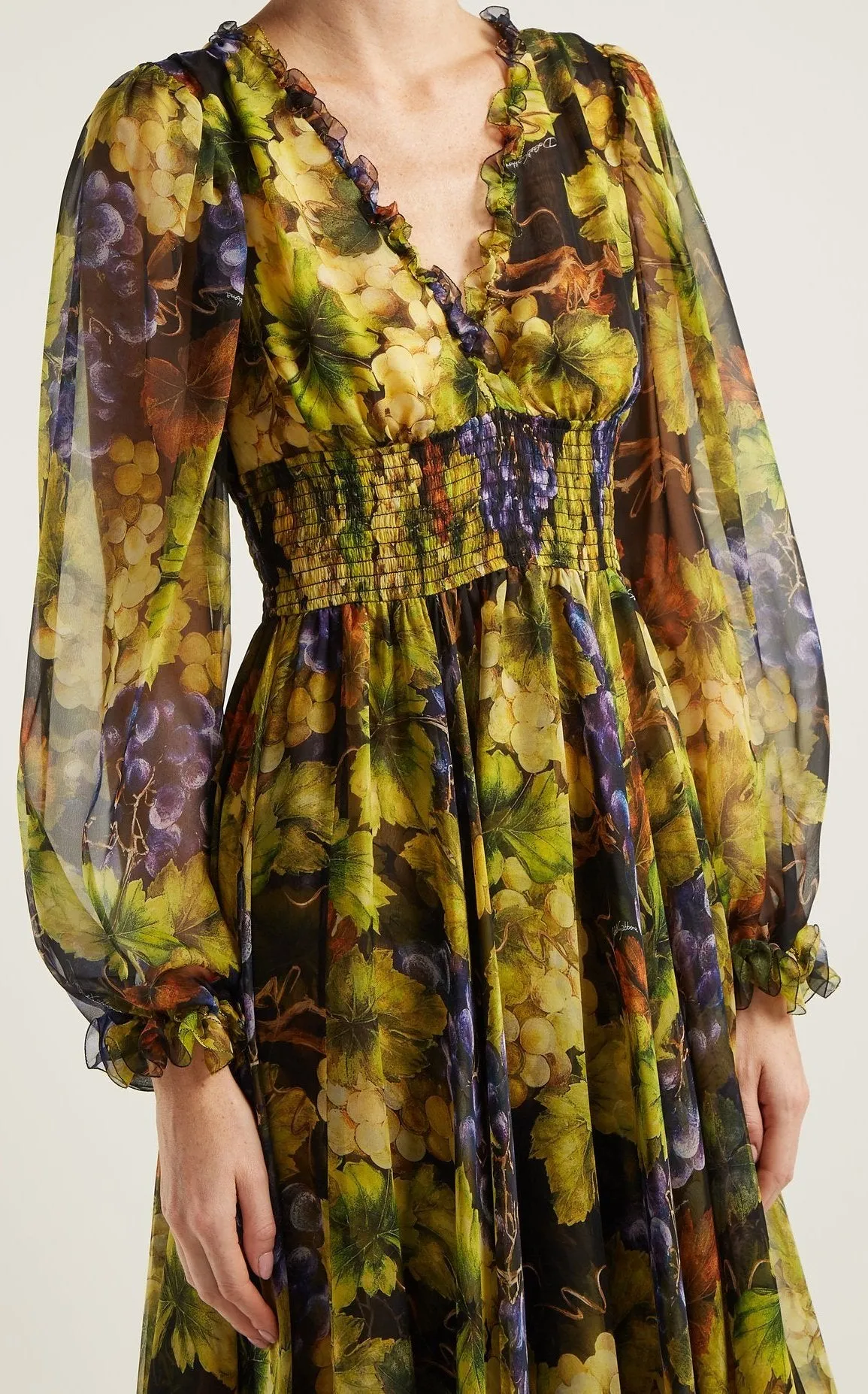 Grape-Print Silk Chiffon Midi Dress