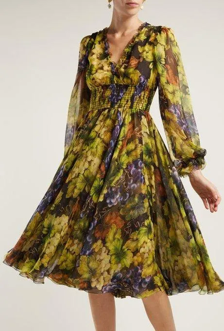 Grape-Print Silk Chiffon Midi Dress
