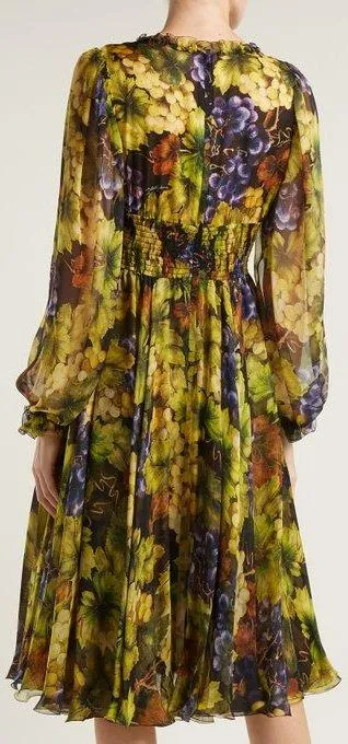 Grape-Print Silk Chiffon Midi Dress