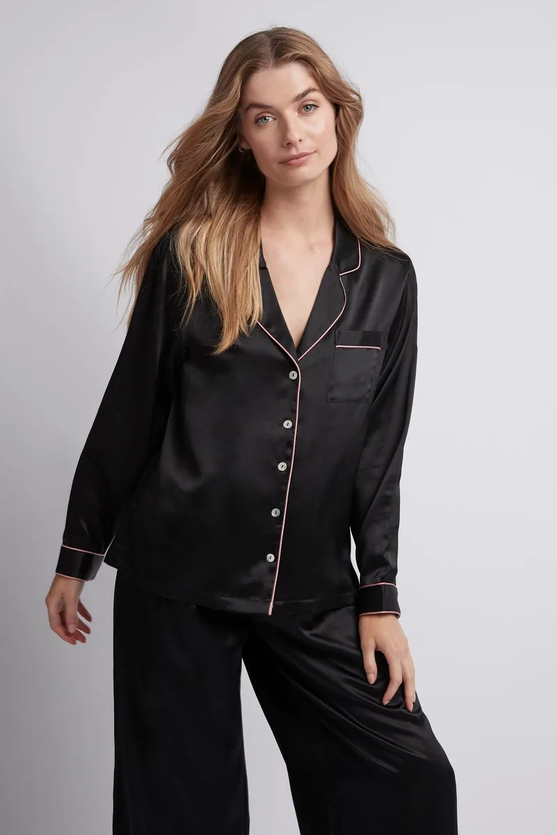 Homebodii Silk Women's Pyjama Set - Black with blush piping