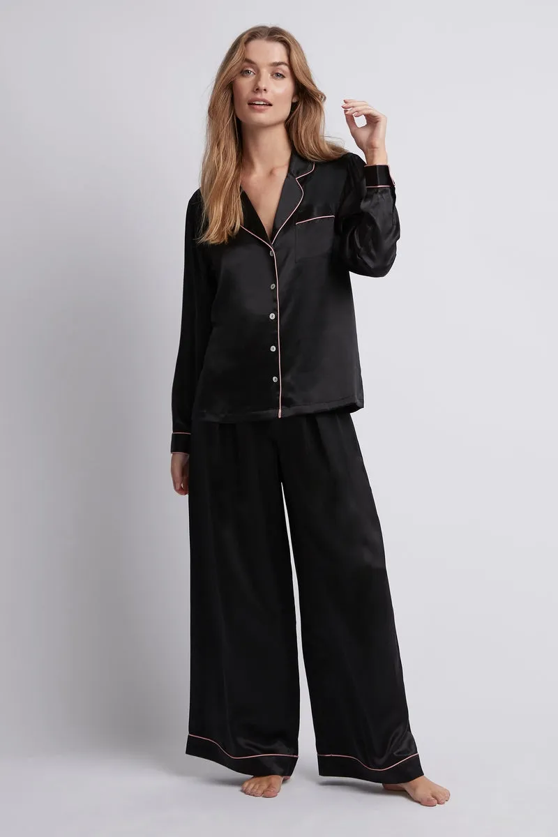Homebodii Silk Women's Pyjama Set - Black with blush piping
