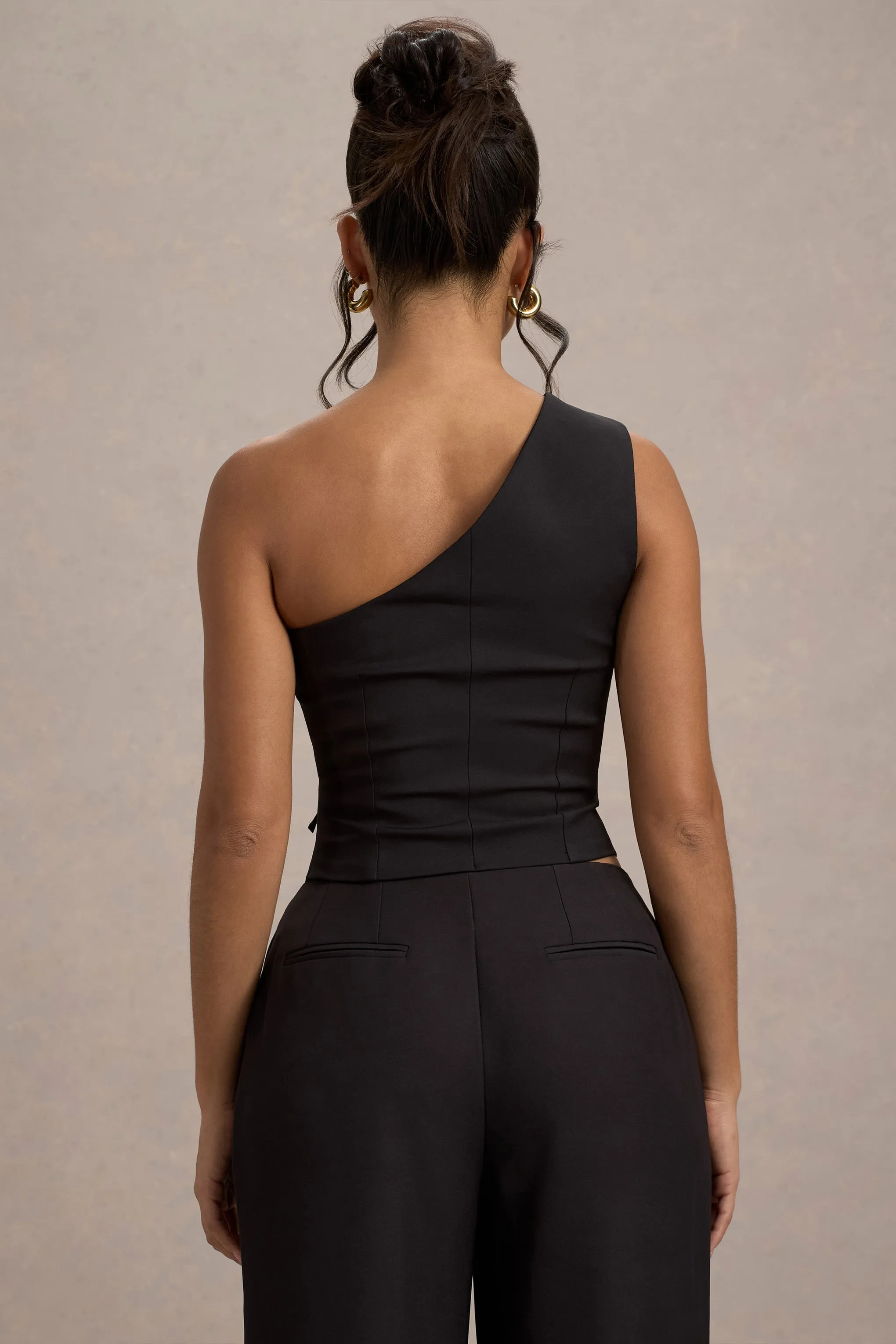 Lelia | Black One Shoulder Tailored Top With Bows