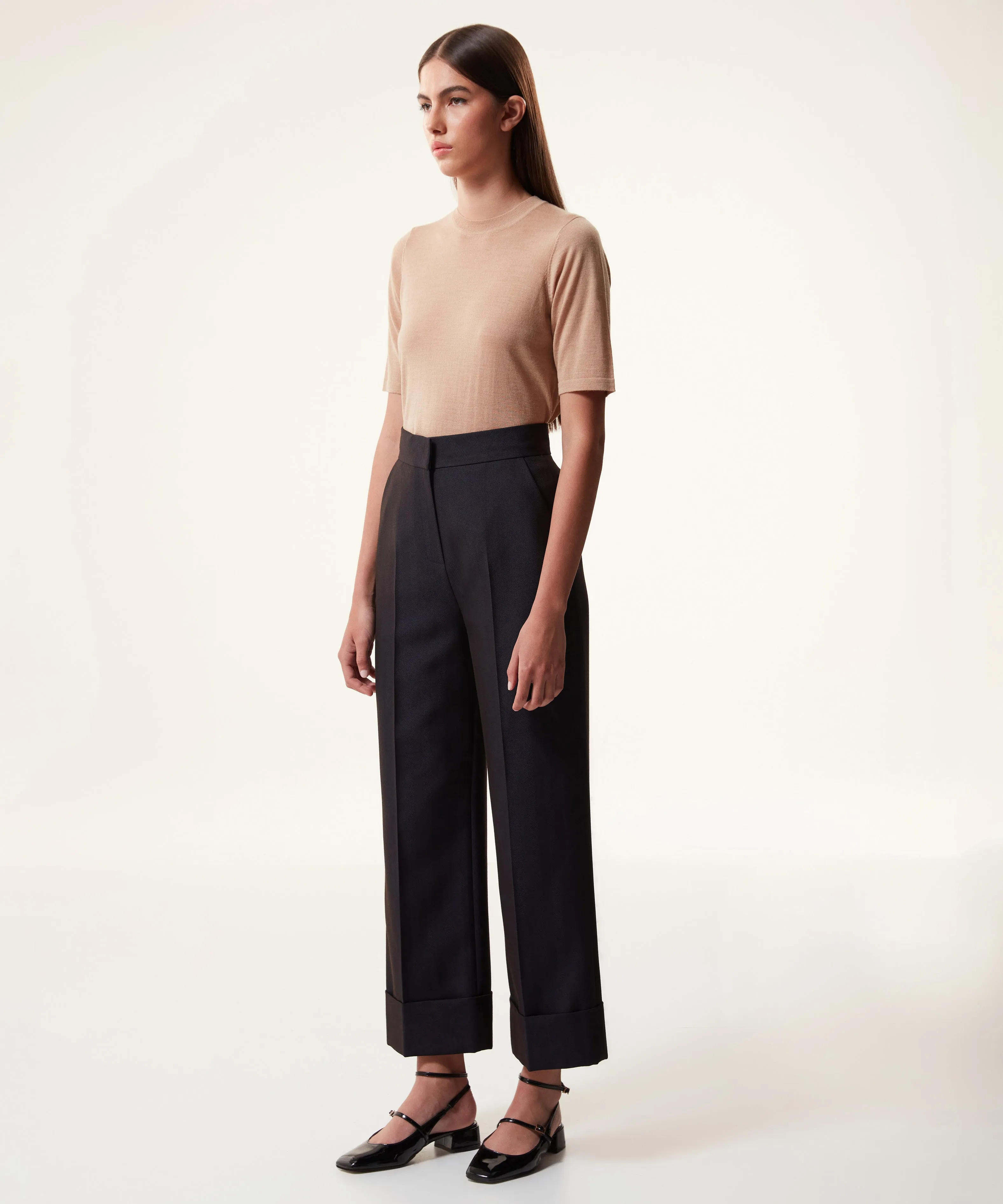 Machka Wool Blend Folded Hem Trousers Navy Blue