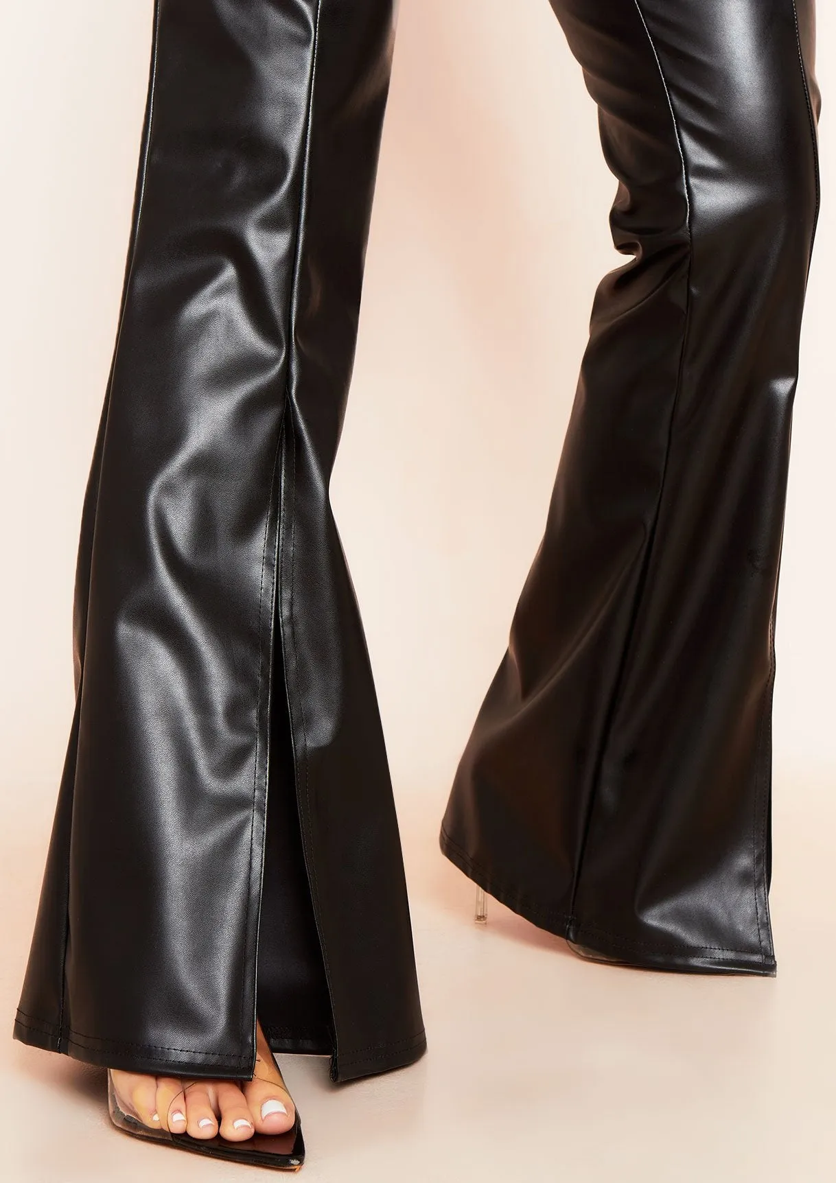 Natasha Black Vegan Leather Split Front Flared Trousers