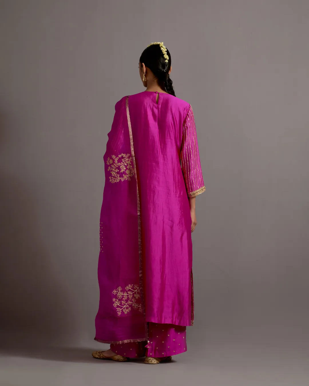 Pink Hand Embroidered Striped Kurta Set
