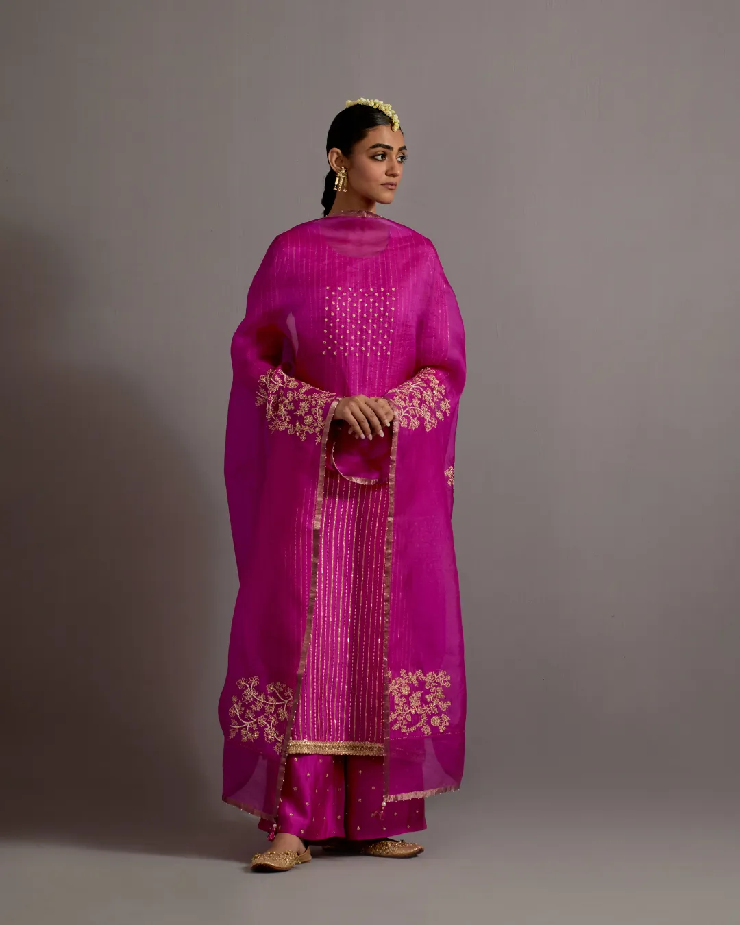 Pink Hand Embroidered Striped Kurta Set