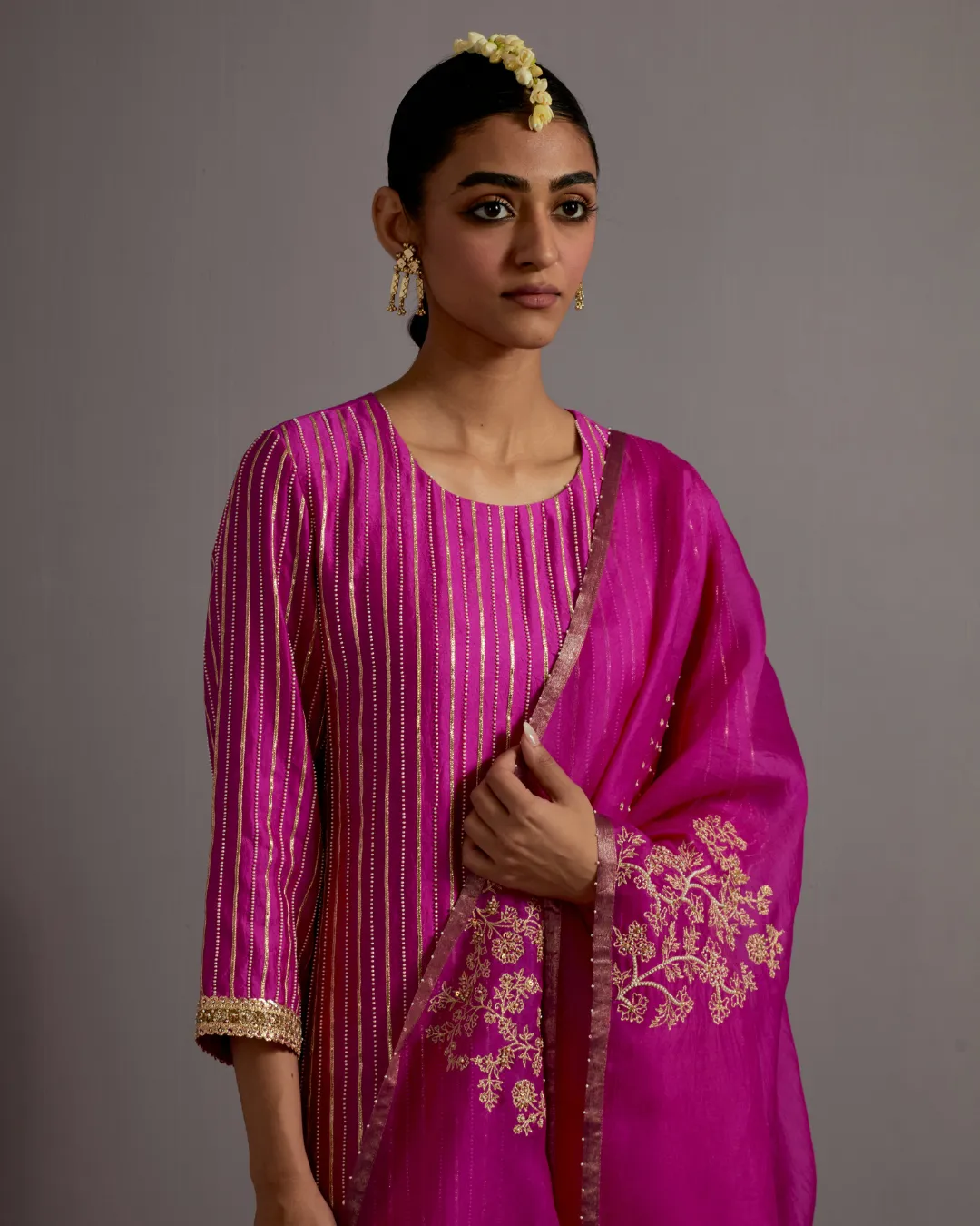 Pink Hand Embroidered Striped Kurta Set