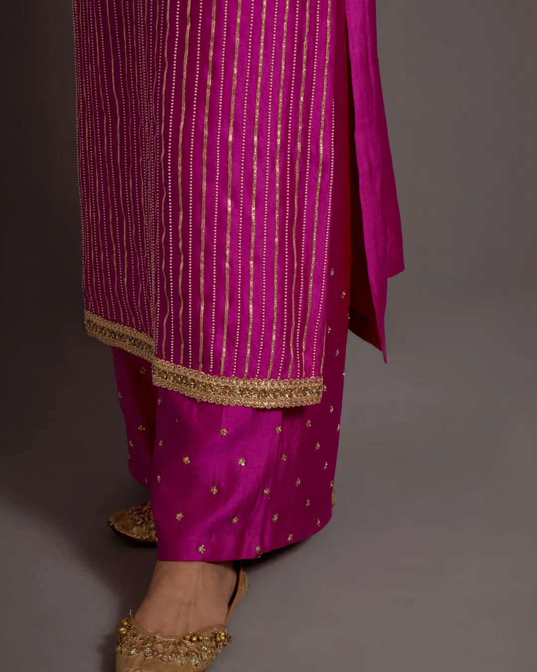 Pink Hand Embroidered Striped Kurta Set