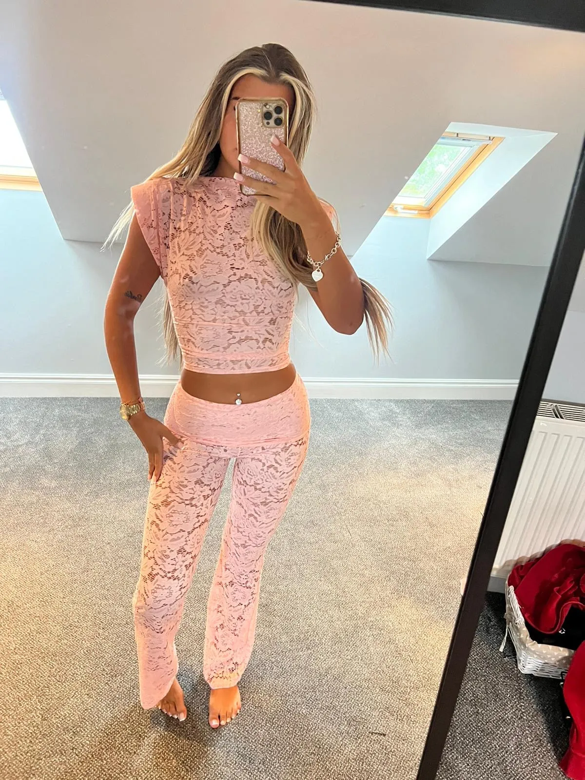 Pink Lace Padded Shoulder Top & Fold Over Flared Trouser Co-ord
