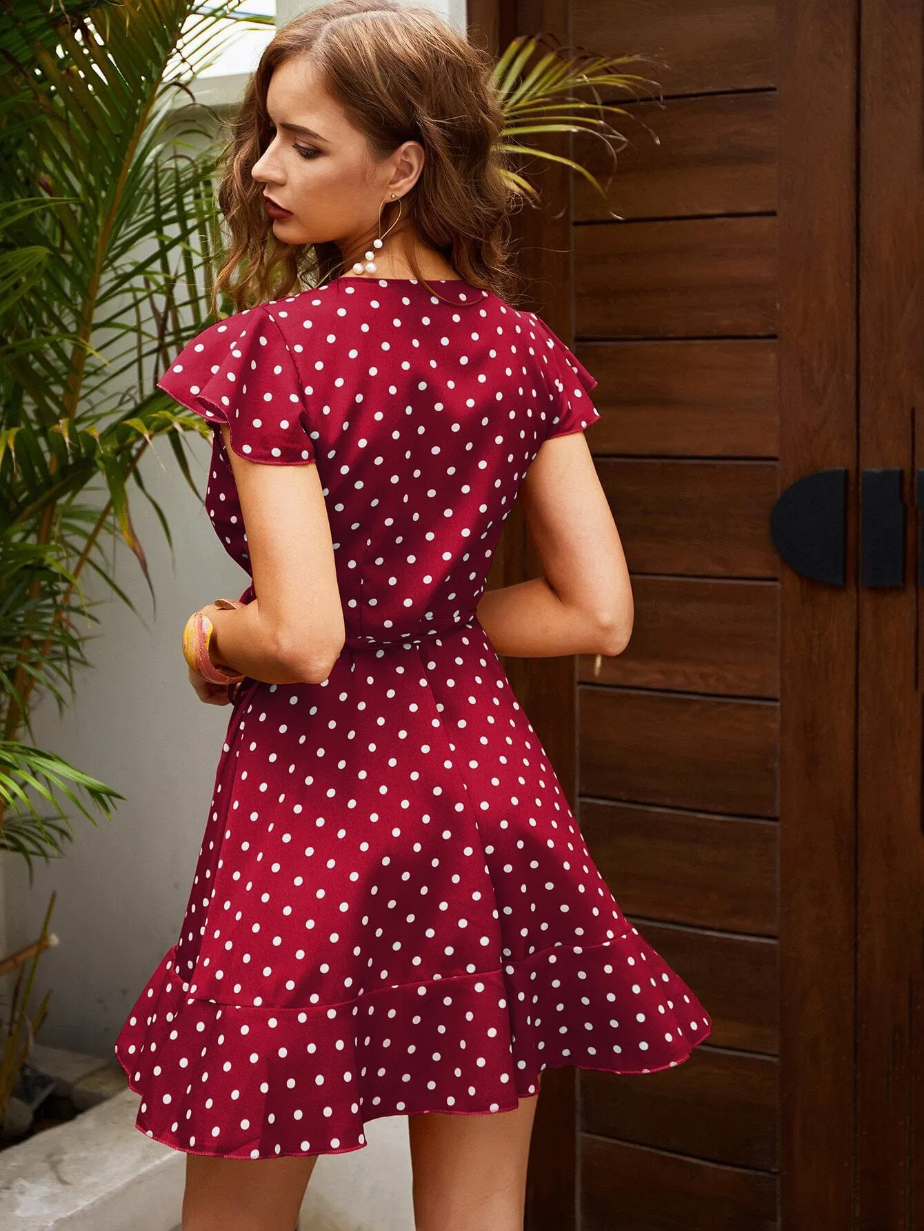 Polka Dot Ruffle Trim Self Tie Wrap Dress