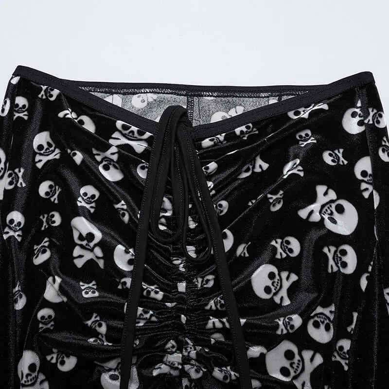 Punk Rave Nulia Spliced Velvet Flared Trousers with Skull Print