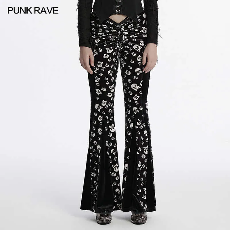 Punk Rave Nulia Spliced Velvet Flared Trousers with Skull Print