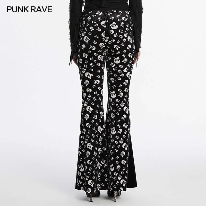 Punk Rave Nulia Spliced Velvet Flared Trousers with Skull Print