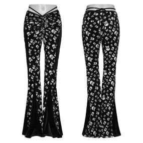 Punk Rave Nulia Spliced Velvet Flared Trousers with Skull Print