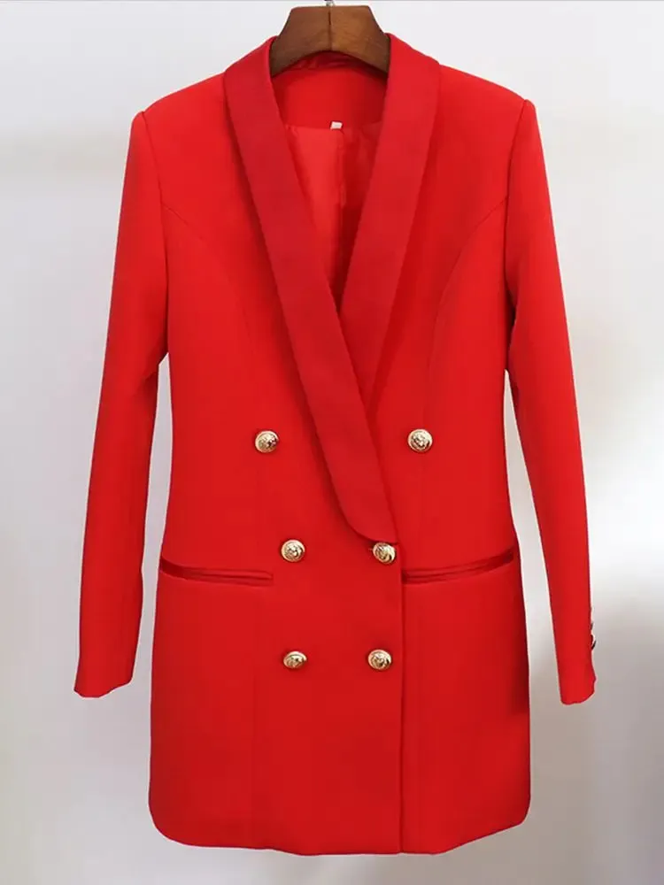 Satin Shawl Lion Buttons Double Breasted Blazer Jacket