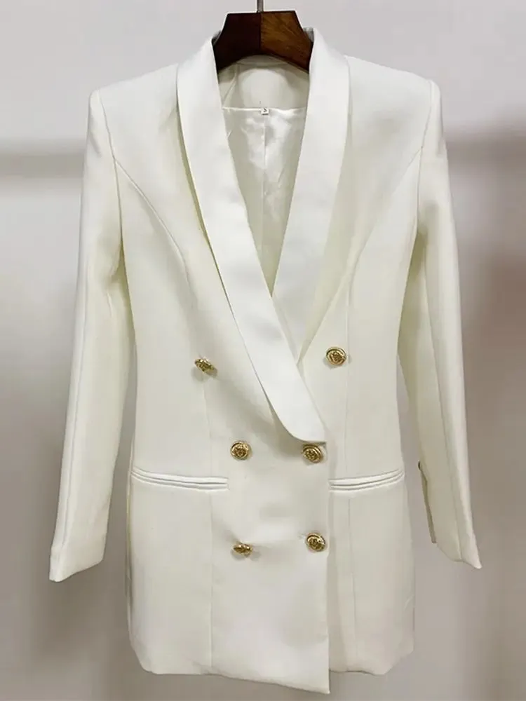 Satin Shawl Lion Buttons Double Breasted Blazer Jacket