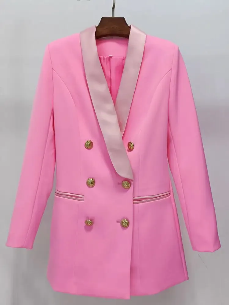 Satin Shawl Lion Buttons Double Breasted Blazer Jacket