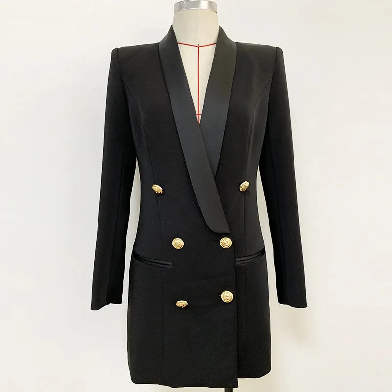 Satin Shawl Lion Buttons Double Breasted Blazer Jacket