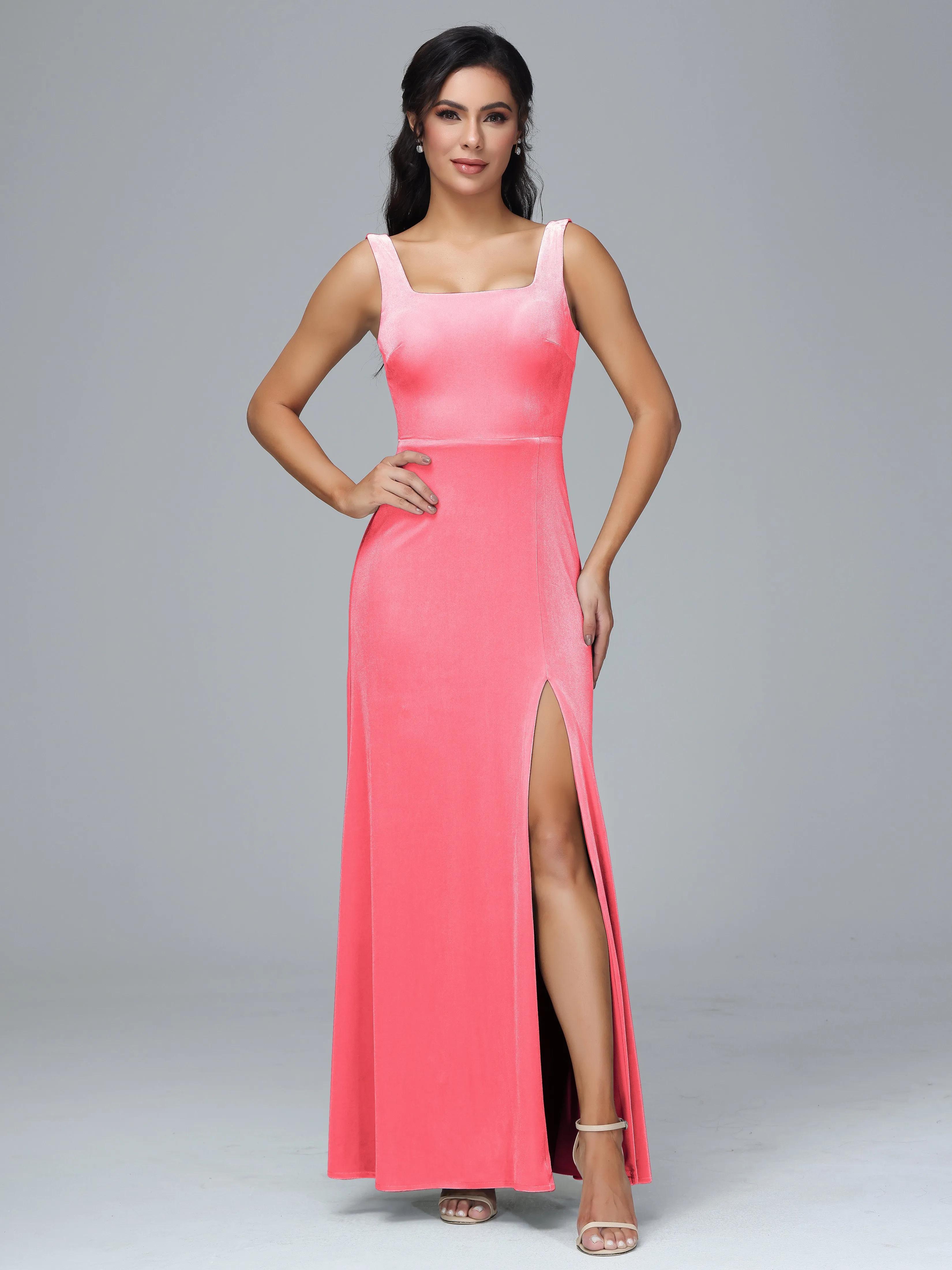 Scoop Straps Long Plus Size Bridesmaid Dresses With Split