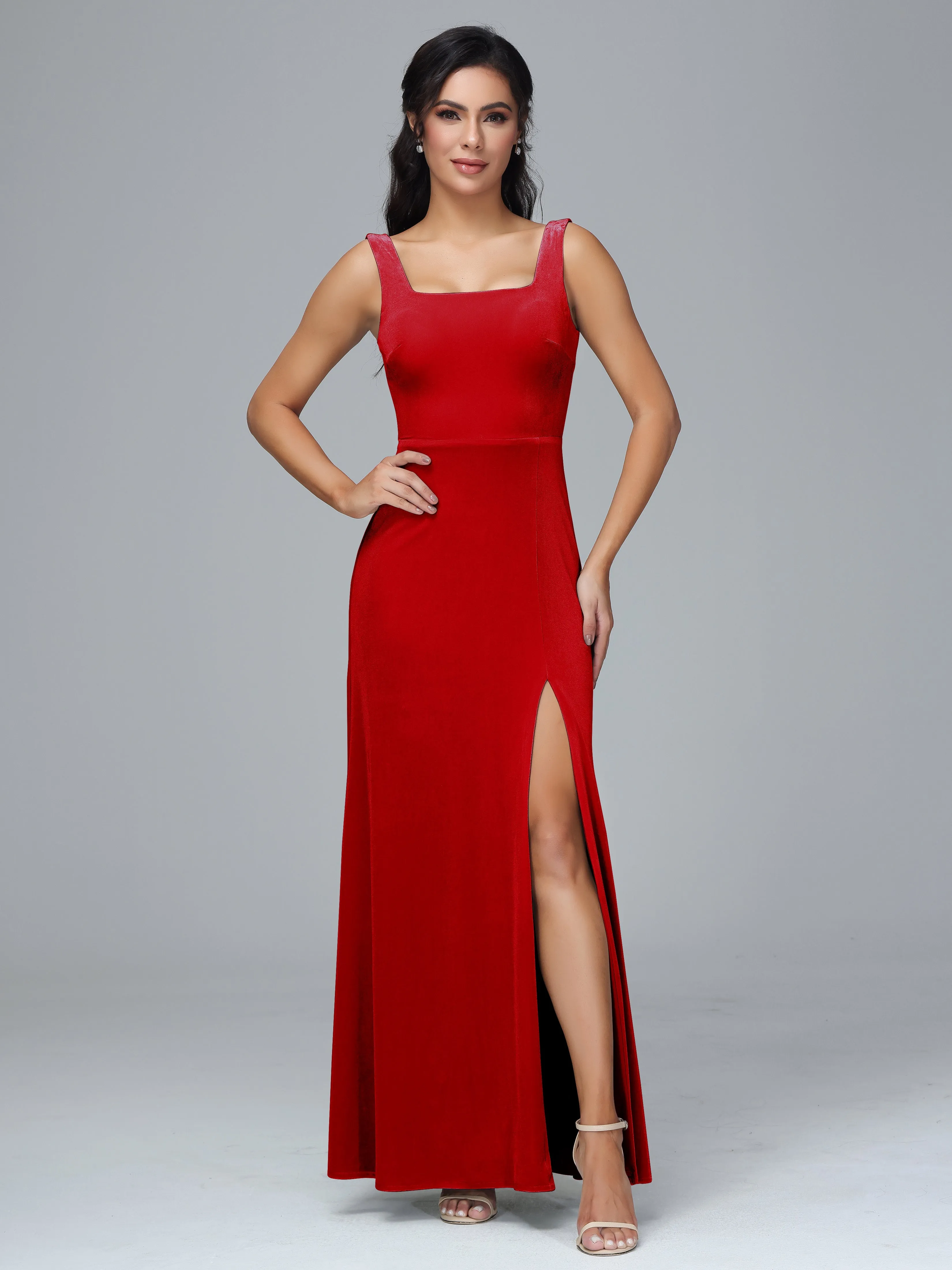 Scoop Straps Long Plus Size Bridesmaid Dresses With Split