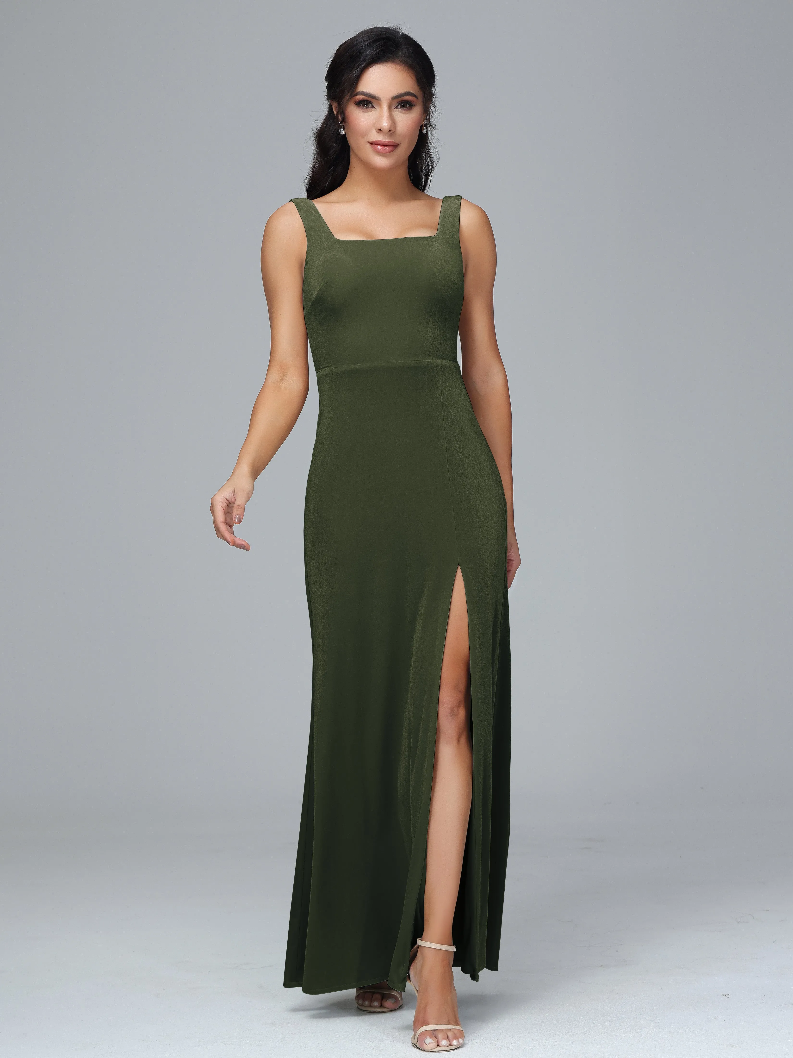 Scoop Straps Long Plus Size Bridesmaid Dresses With Split