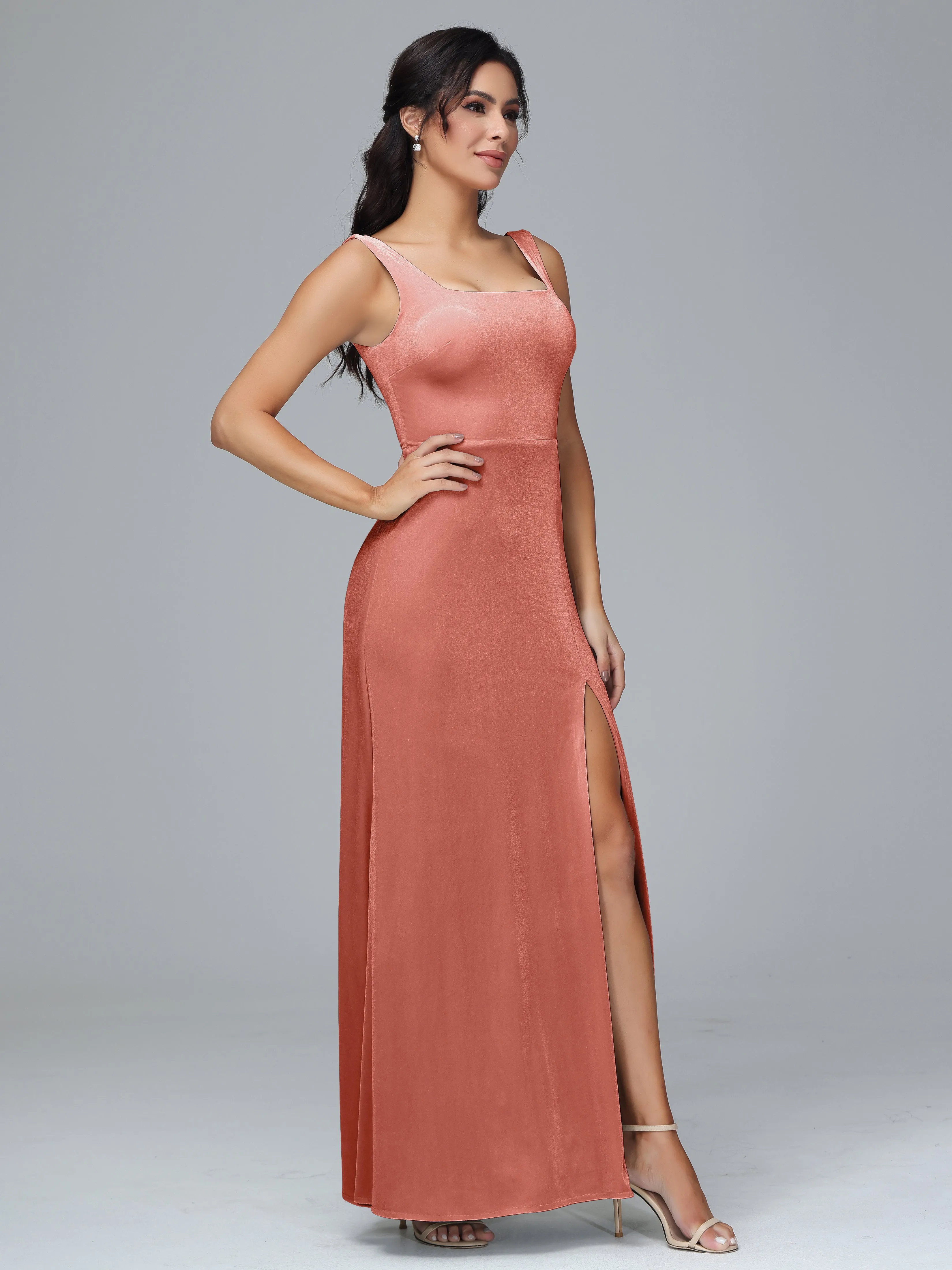Scoop Straps Long Plus Size Bridesmaid Dresses With Split