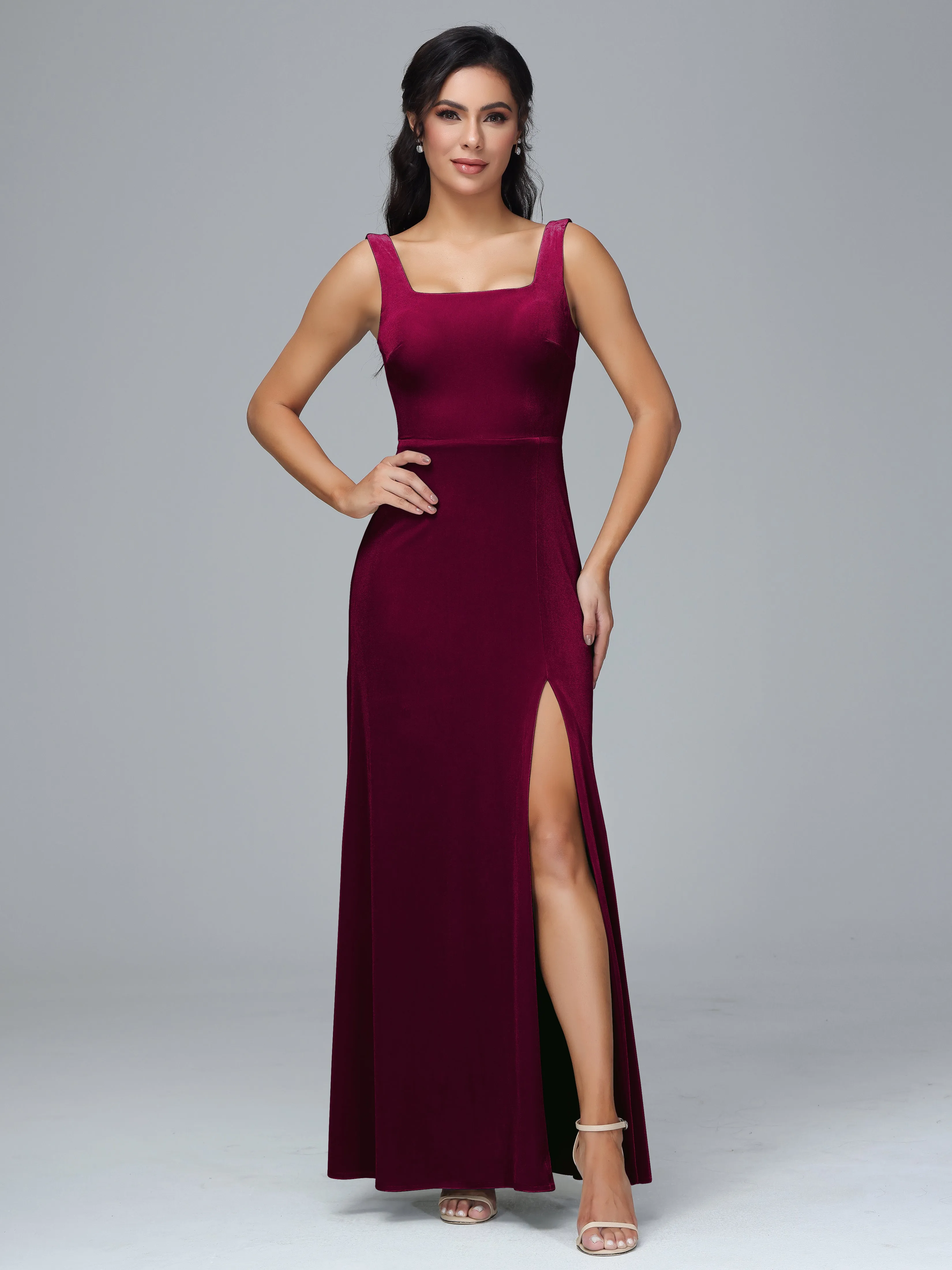 Scoop Straps Long Plus Size Bridesmaid Dresses With Split