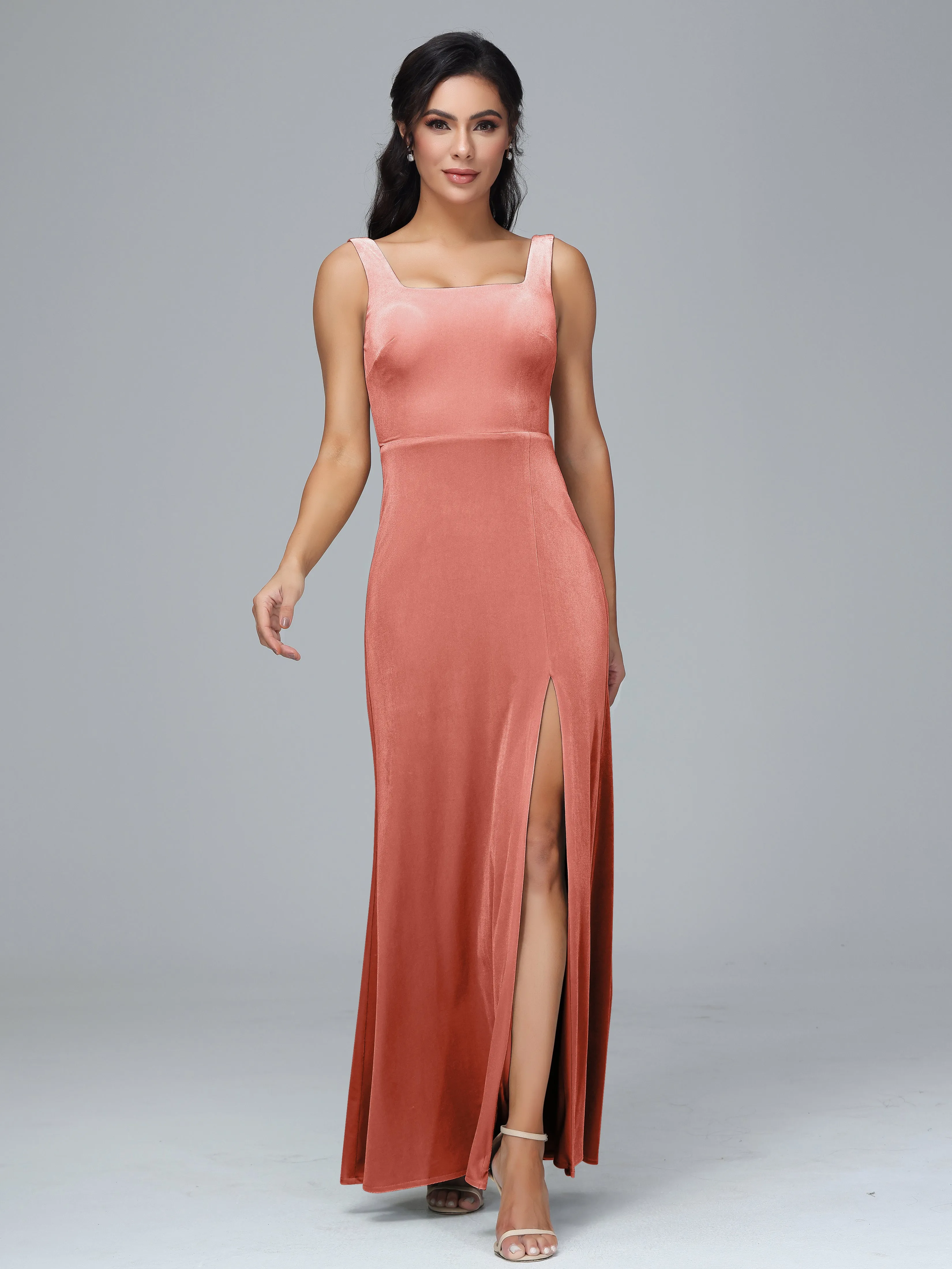Scoop Straps Long Plus Size Bridesmaid Dresses With Split