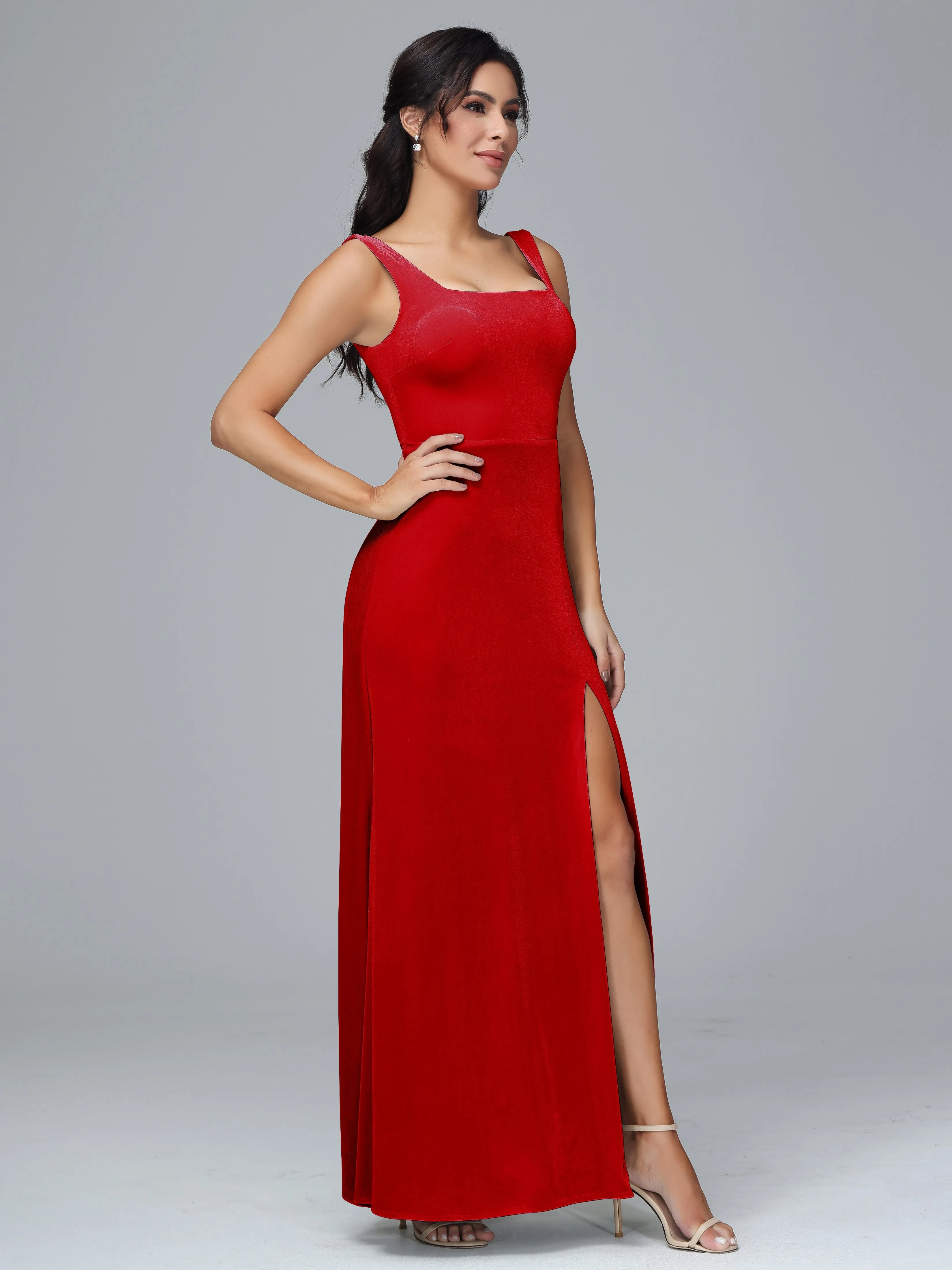 Scoop Straps Long Plus Size Bridesmaid Dresses With Split