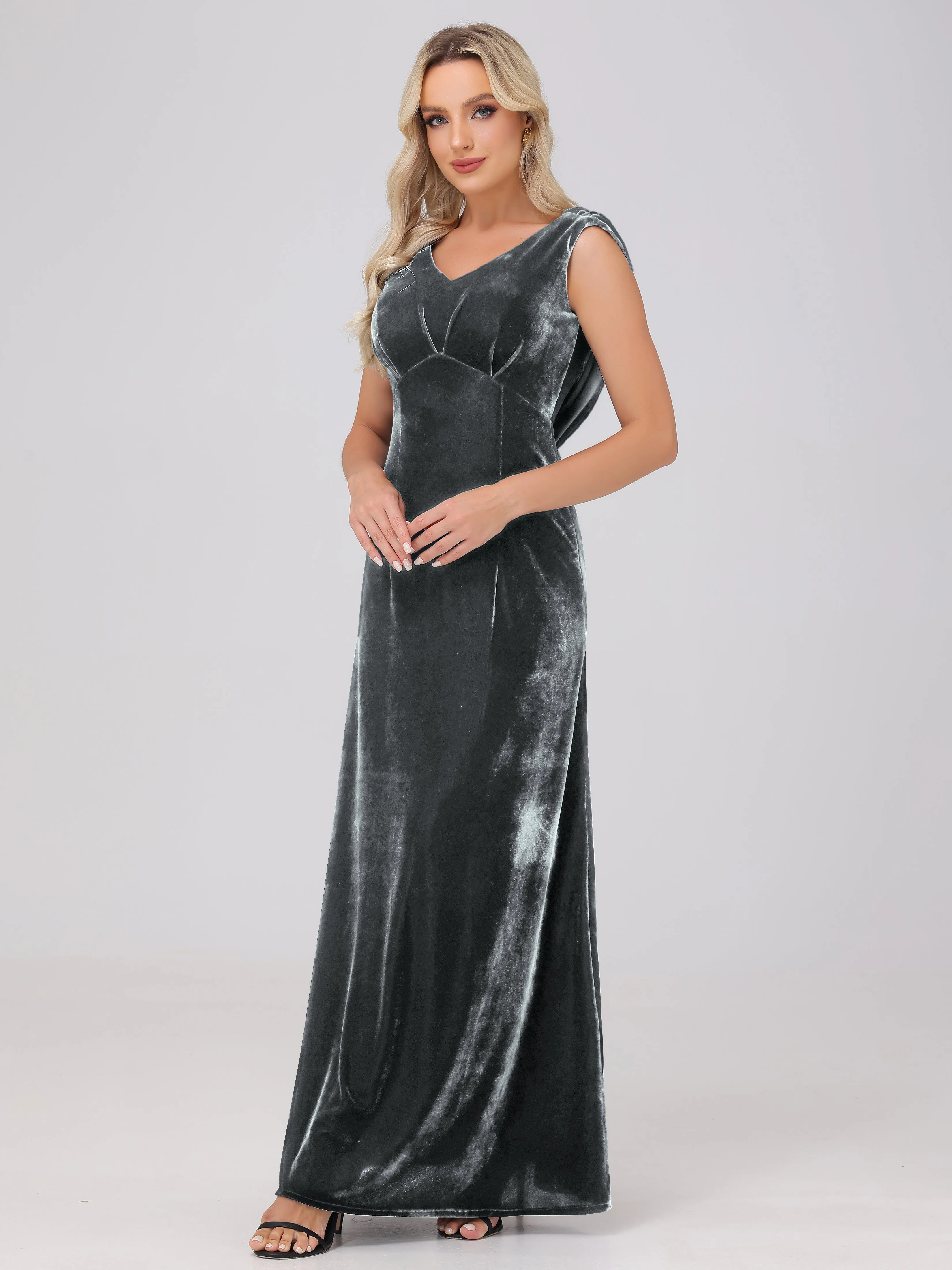 Sheath/Column Straps Pleats Long Velvet Bridesmaid Dresses