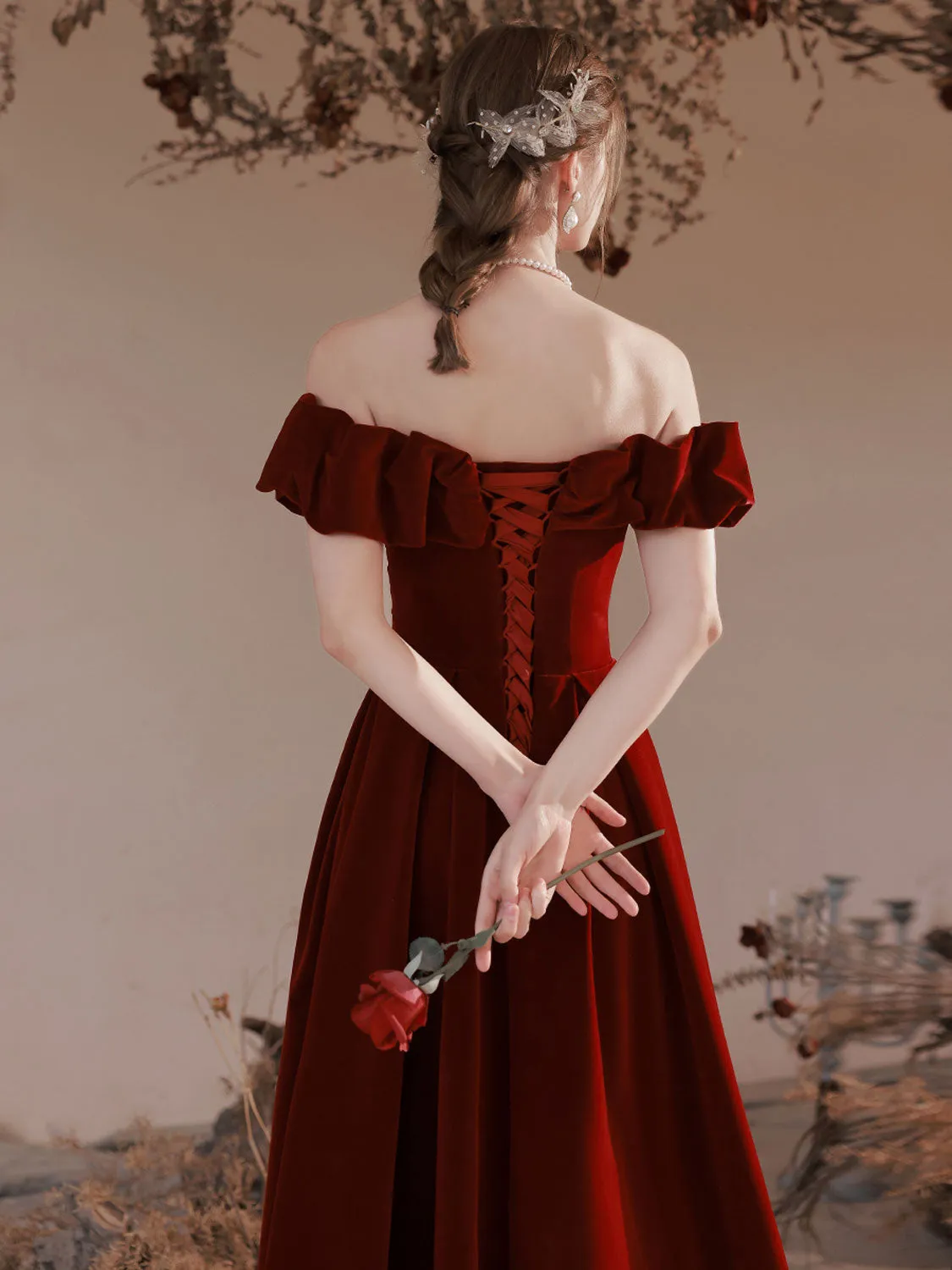 Simple Off The Shoulder Burgundy Velvet Prom Dress Formal Dress