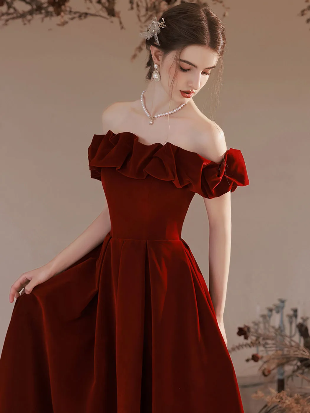 Simple Off The Shoulder Burgundy Velvet Prom Dress Formal Dress