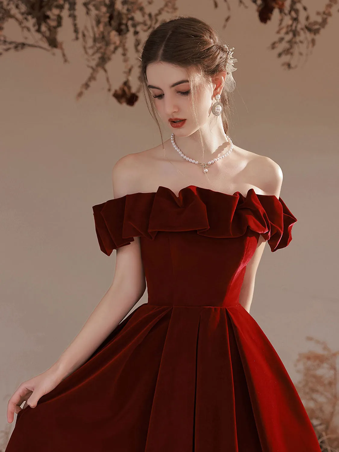Simple Off The Shoulder Burgundy Velvet Prom Dress Formal Dress