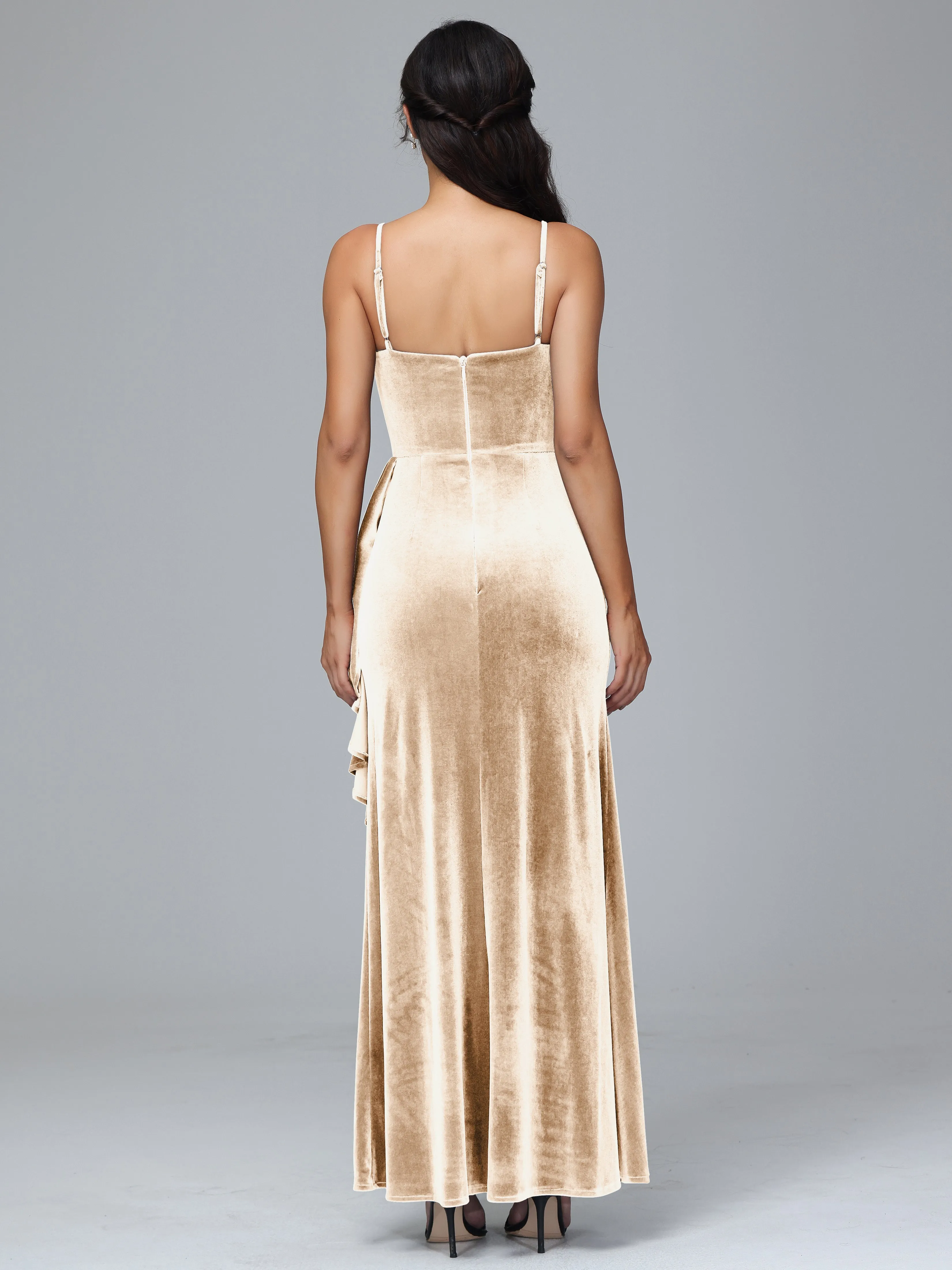 Spaghetti Straps V-Neck Ruched Velvet Bridesmaid Dresses With Split