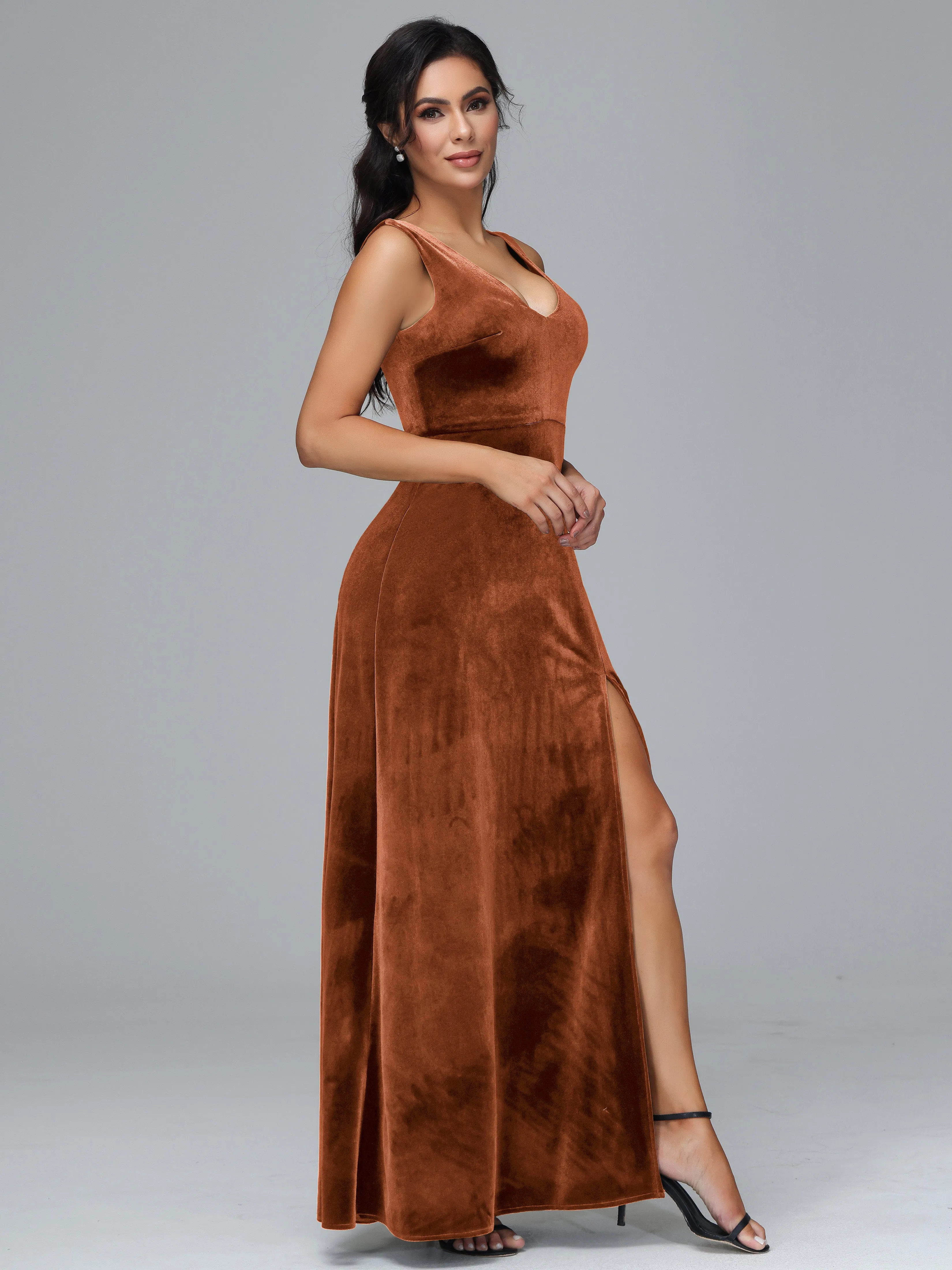 Straps V-Neck Split Velvet Bridesmaid Dresses